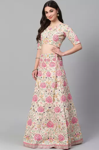 peach and pink embroidered art silk blouse with dupatta