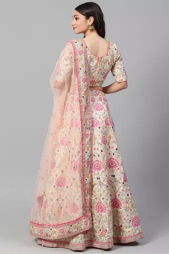 peach and pink embroidered art silk blouse with dupatta