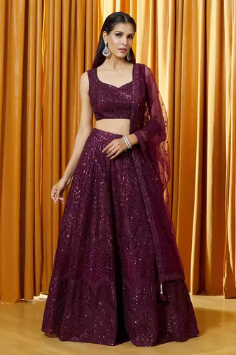 purple sequin net party lehenga set choli with dupatta with dupatta