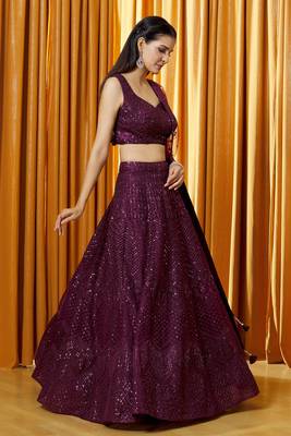 purple sequin net party lehenga set choli with dupatta with dupatta 6