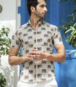 Khaki elephant block print men's half shirt