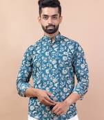 Floral teal blue  mandarin collar full sleeve shirt