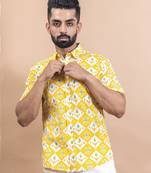 Yellow jaipuri printed cotton half sleeve shirt