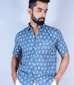 Grey jaipuri printed half sleeves cotton mens shirt