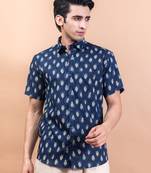 Navy blue motif cotton half sleeves shirt