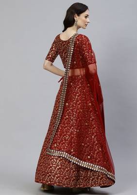  maroon zari embroidered silk bridal lehenga set choli with dupatta 3