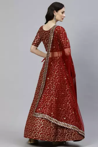  maroon zari embroidered silk bridal lehenga set choli with dupatta