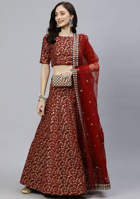  maroon zari embroidered silk bridal lehenga set choli with dupatta 4