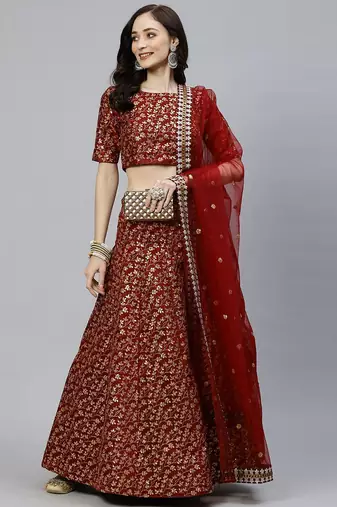  maroon zari embroidered silk bridal lehenga set choli with dupatta