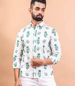 White & green block floral  full sleeves cotton shirt