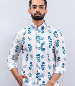 White & teal blue block floral  full sleeves cotton shirt