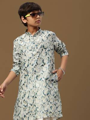 boys digital print firozi silk elegant ethnic attire kurta set 2