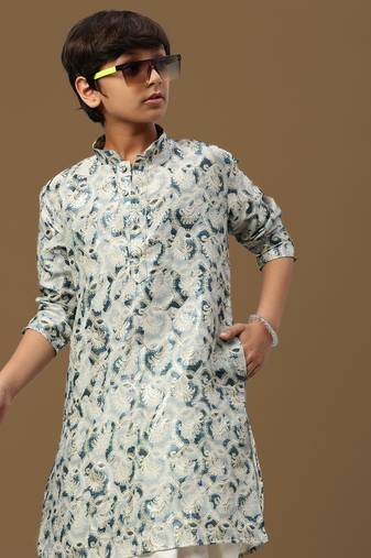 Sanwara boys digital print firozi silk elegant ethnic attire kurta set