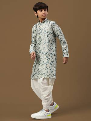 boys digital print firozi silk elegant ethnic attire kurta set 3