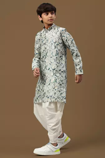 boys digital print firozi silk elegant ethnic attire kurta set