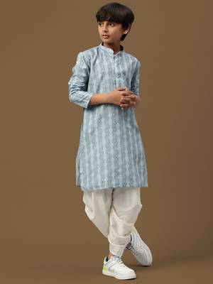 boys digital print sky blue silk elegant ethnic attire kurta set 1