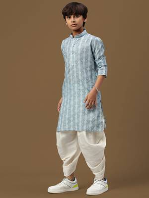 boys digital print sky blue silk elegant ethnic attire kurta set 2