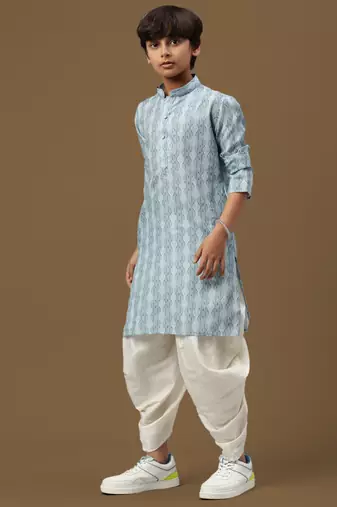 boys digital print sky blue silk elegant ethnic attire kurta set
