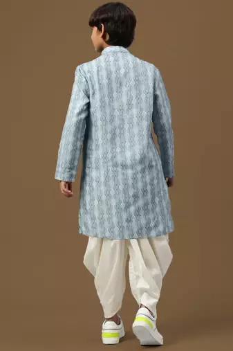 boys digital print sky blue silk elegant ethnic attire kurta set