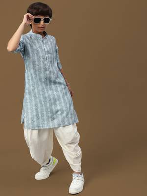 boys digital print sky blue silk elegant ethnic attire kurta set 4