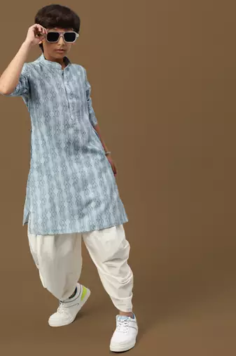 boys digital print sky blue silk elegant ethnic attire kurta set