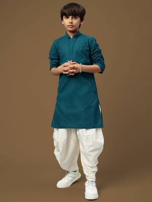 Chic & classic boys solid firozi chikankari designer cotton kurta set by sanwara 1