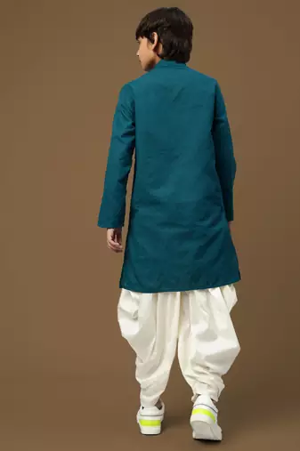 Chic & classic boys solid firozi chikankari designer cotton kurta set by sanwara