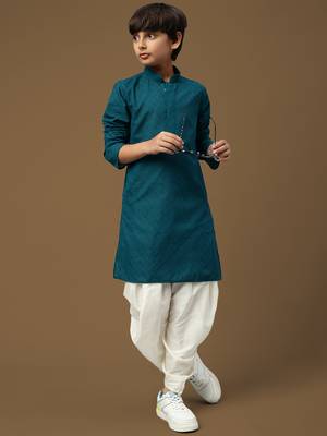 Chic & classic boys solid firozi chikankari designer cotton kurta set by sanwara 4