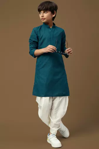 Chic & classic boys solid firozi chikankari designer cotton kurta set by sanwara