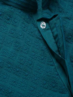 Chic & classic boys solid firozi chikankari designer cotton kurta set by sanwara 5