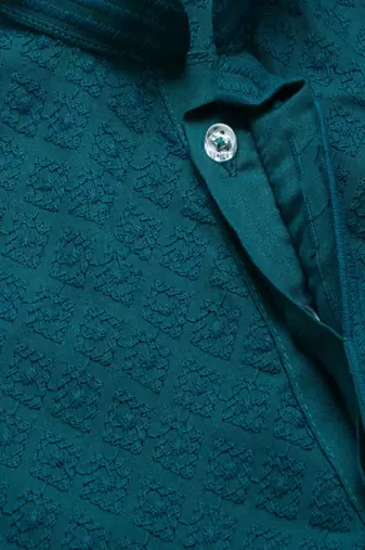 Chic & classic boys solid firozi chikankari designer cotton kurta set by sanwara