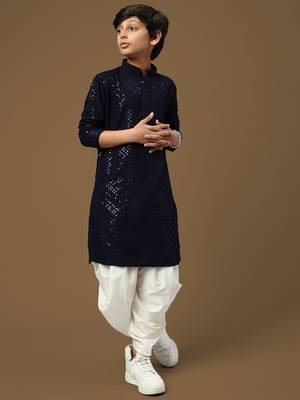 Dapper & dazzling boys solid deep blue chikankari with sequins party wear cotton kurta set by sanwara 1