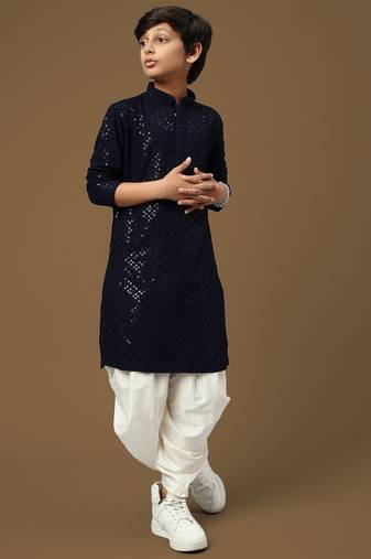 Dapper & dazzling boys solid deep blue chikankari with sequins party wear cotton kurta set by sanwara