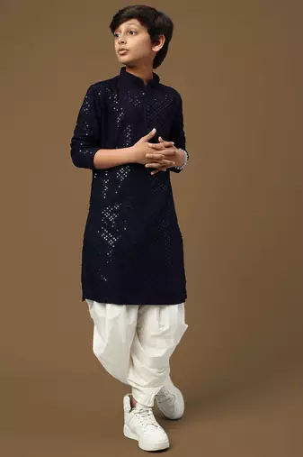 Dapper & dazzling boys solid deep blue chikankari with sequins party wear cotton kurta set by sanwara