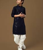 Dapper & dazzling boys solid deep blue chikankari with sequins party wear cotton kurta set by sanwara