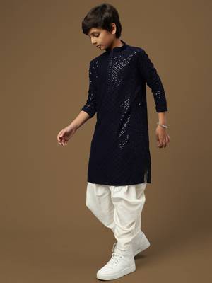 Dapper & dazzling boys solid deep blue chikankari with sequins party wear cotton kurta set by sanwara 2