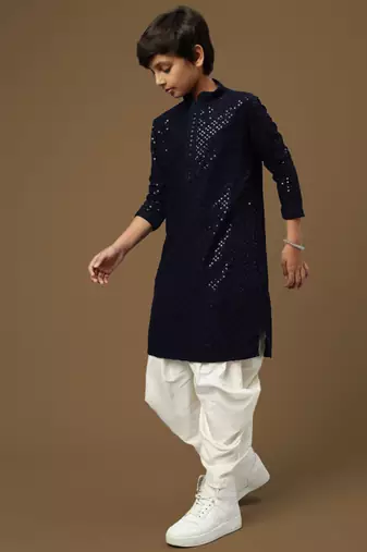 Dapper & dazzling boys solid deep blue chikankari with sequins party wear cotton kurta set by sanwara
