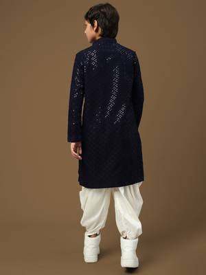 Dapper & dazzling boys solid deep blue chikankari with sequins party wear cotton kurta set by sanwara 3