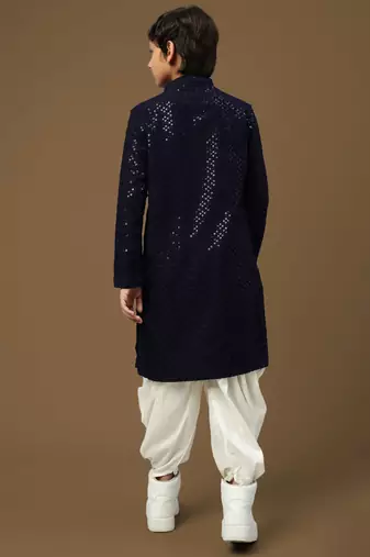 Dapper & dazzling boys solid deep blue chikankari with sequins party wear cotton kurta set by sanwara