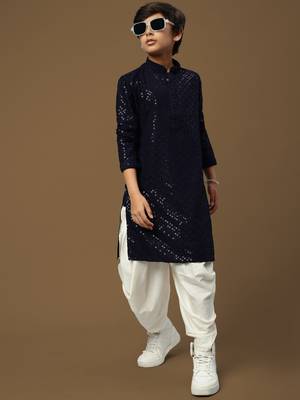 Dapper & dazzling boys solid deep blue chikankari with sequins party wear cotton kurta set by sanwara 4