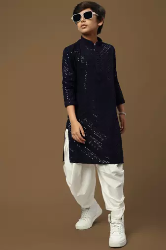 Dapper & dazzling boys solid deep blue chikankari with sequins party wear cotton kurta set by sanwara