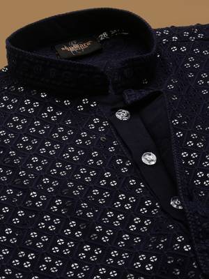 Dapper & dazzling boys solid deep blue chikankari with sequins party wear cotton kurta set by sanwara 5