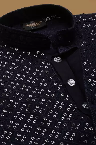 Dapper & dazzling boys solid deep blue chikankari with sequins party wear cotton kurta set by sanwara