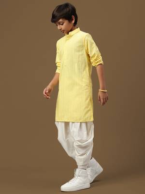 boys classic light yellow cotton chikankari ethnic elegance kurta set 2