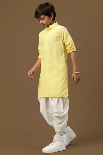 boys classic light yellow cotton chikankari ethnic elegance kurta set