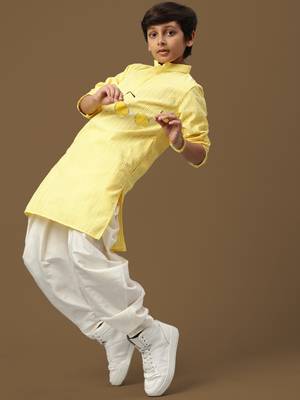boys classic light yellow cotton chikankari ethnic elegance kurta set 4