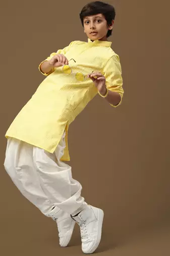 boys classic light yellow cotton chikankari ethnic elegance kurta set