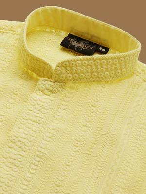 boys classic light yellow cotton chikankari ethnic elegance kurta set 5