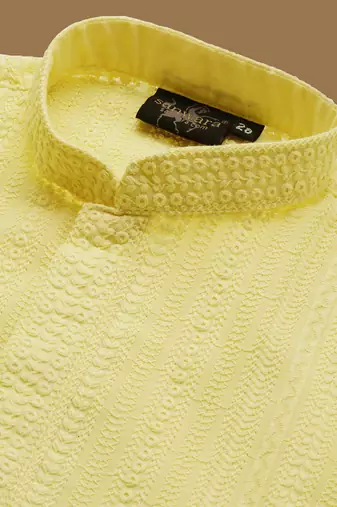 boys classic light yellow cotton chikankari ethnic elegance kurta set