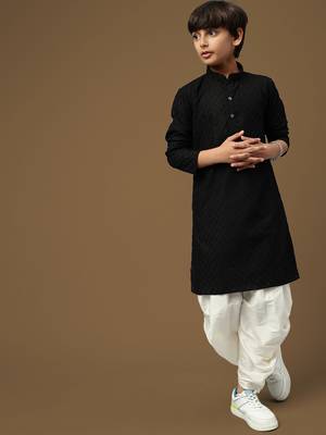 Sanwara boys trendsetting solid black chikankari designer cotton kurta set 1